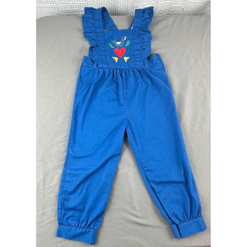 Vintage Girls Blue Overalls Ruffle Strap Folk Art Heart Button jumper 80s